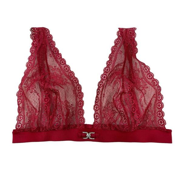 Victoria's Secret Women's 36C Red Satin Sheer Lace Rhinestone Triangle Bralette - Picture 1 of 6